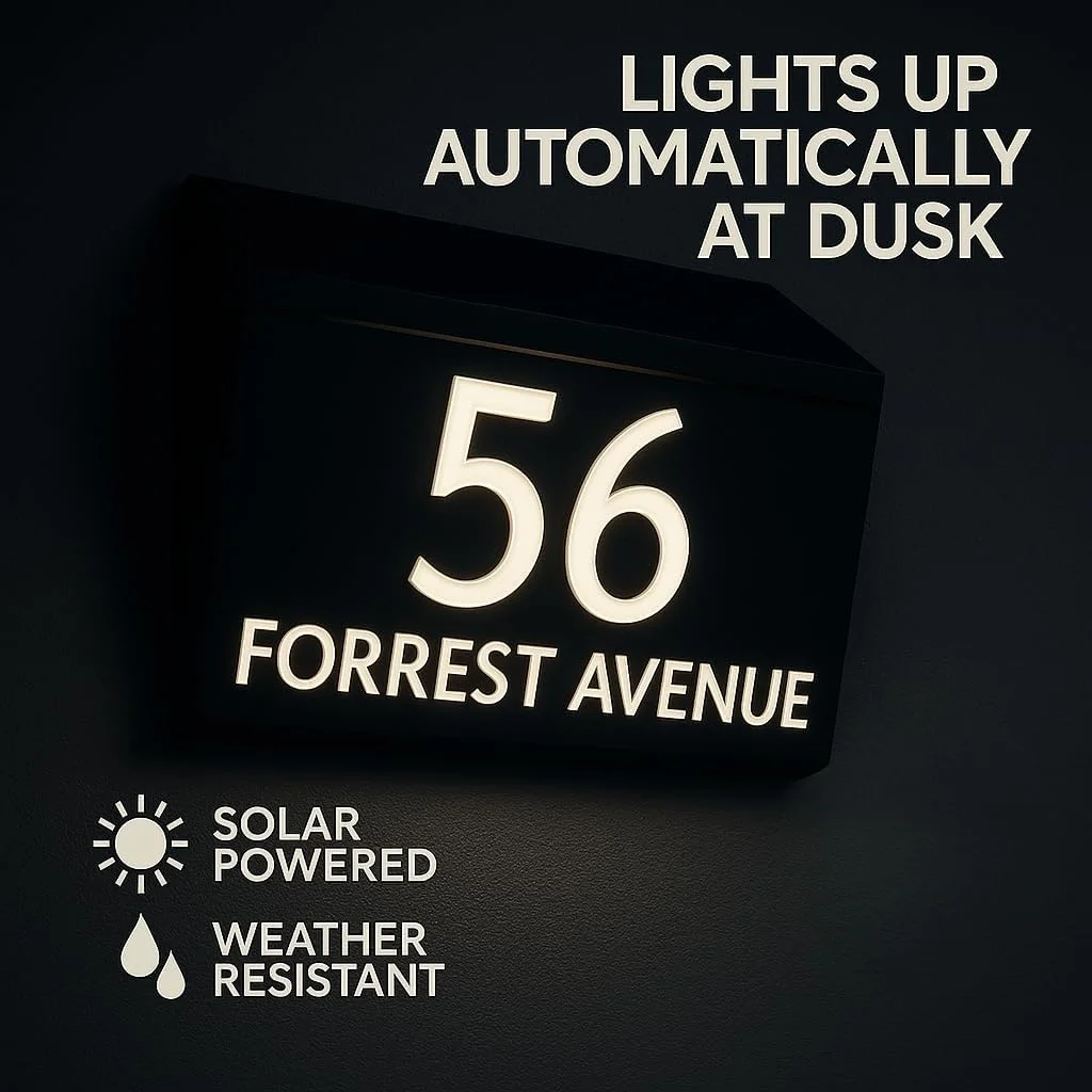 LED Solar House Number Sign, Outdoor Lighted Address Plaque, Luminous Exterior Digital Flat Numbers for Villa, Custom Home Sign