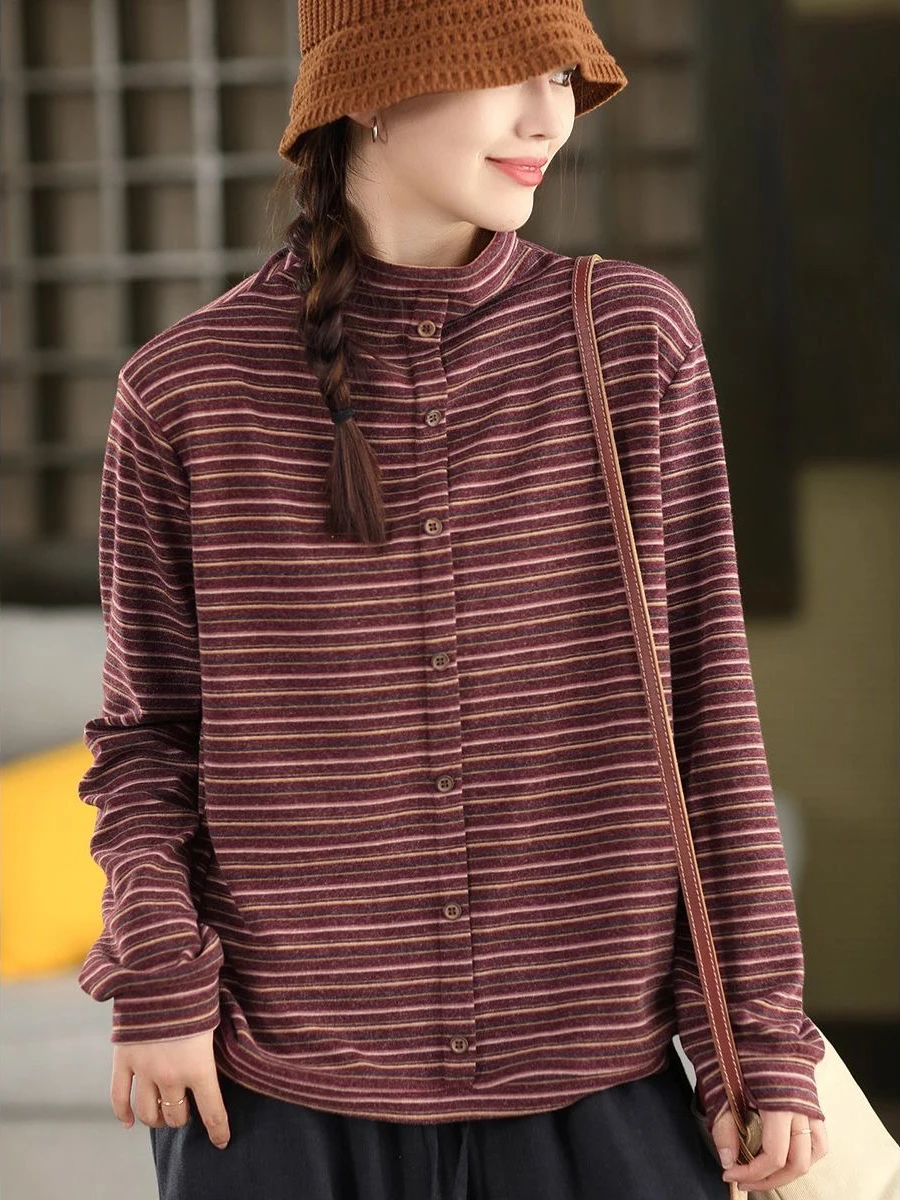 

Retro Striped Sweatshirt Casual Long Sleeve Overhead Top Half High Collar plus Size Women's Autumn Winter Comfortable Base Shirt