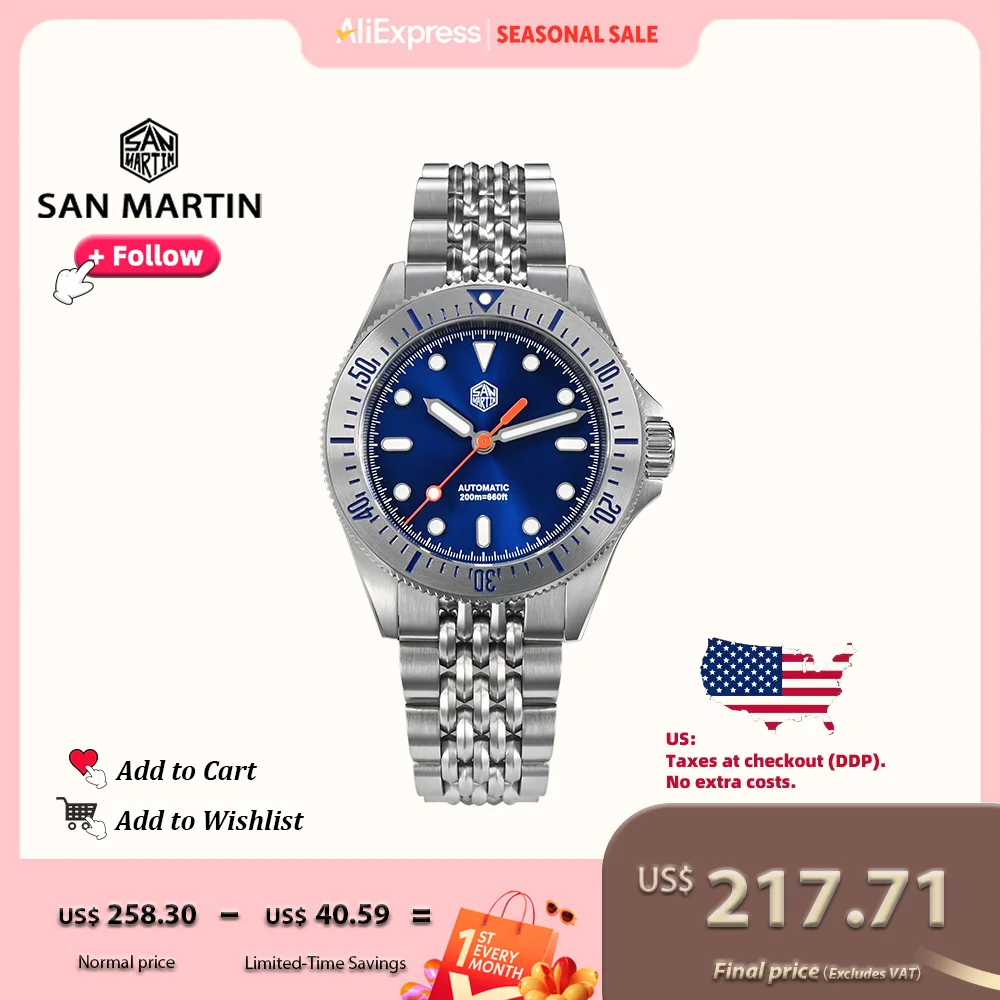 

San Martin 38.8mm Sport Diver Watch NH35 Automatic Mechanical Stainless Steel Sapphire Glass Luminous 20Bar Men Watches SN0044