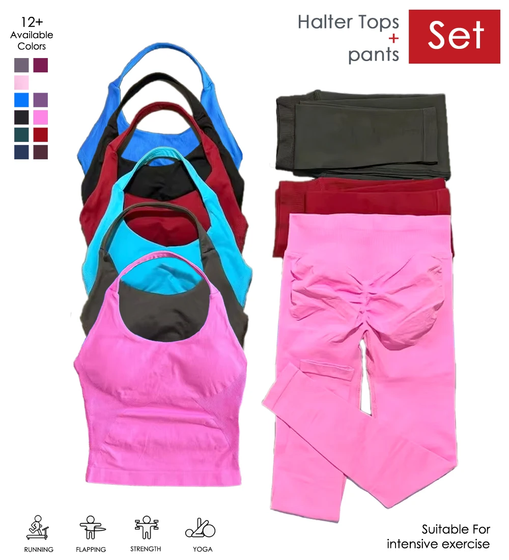 2 Pieces Seamless Yoga Set Necked Back Vest High Elasticity Figure Hugging Yoga Pants Fitness Trousers Sports Outfit