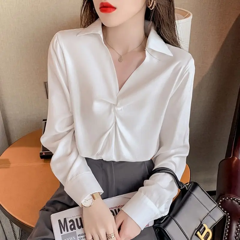 Elegant Office Lady Long Sleeve Chic Folds Shirt Autumn Winter Thick Solid Color Commute Turn-down Collar Blouse Women Clothing