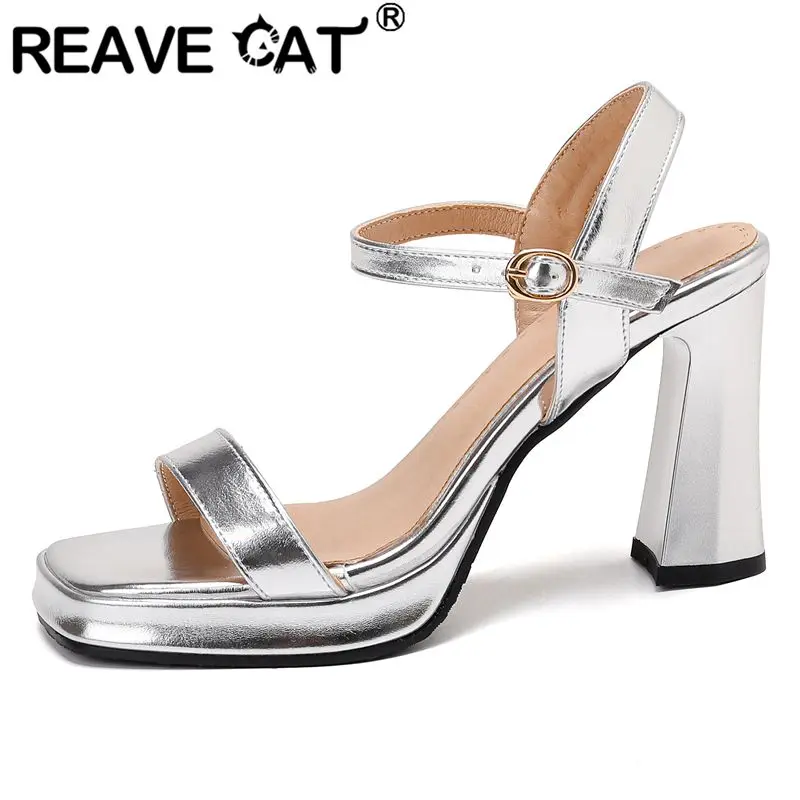 

REAVE CAT Fashion Dating Shoes for Women Square Toe Chunky Heels 9cm Platform 2cm Buckle Strap Sexy Female Sandals 43 44 45 46