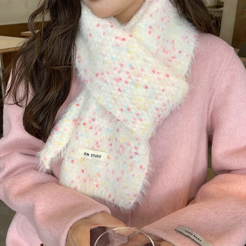 

Warm Winter Scarf Fluffy Imitation Mink Knitted Colorful Dots Soft Lightweight White