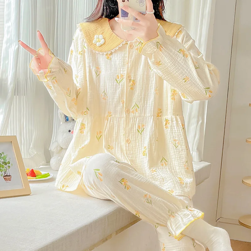 New Nursing Pyjamas Homewear Double Gauze Maternity Pajamas Set Cute Breastfeeding Clothes Long-Sleeved Pregnancy Sleepwear