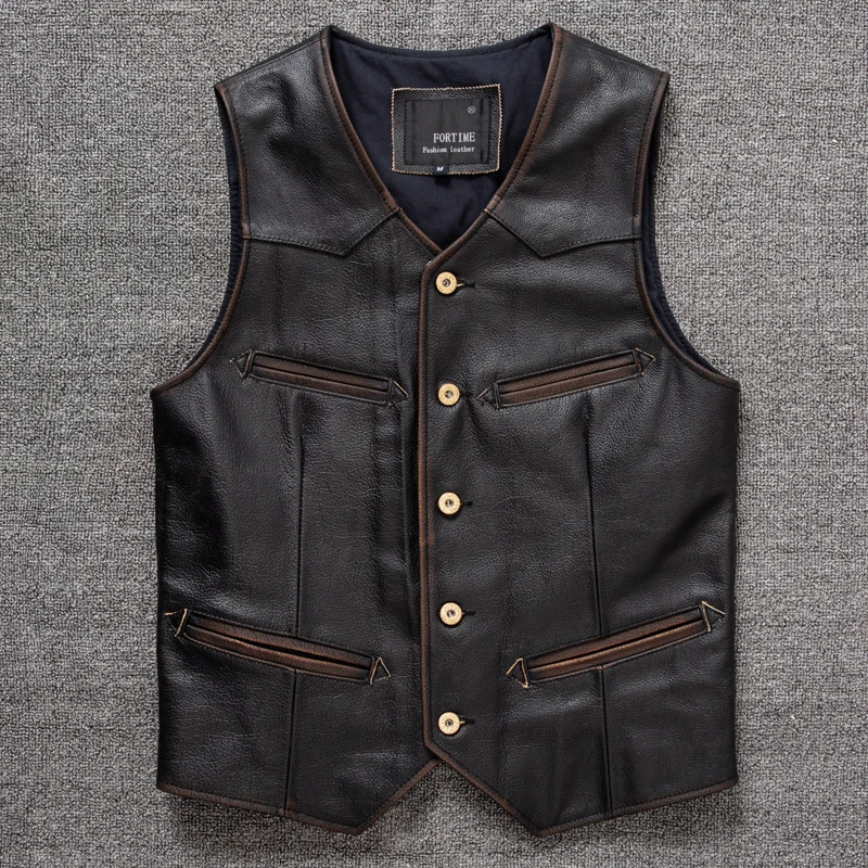 

Genuine Leather Vest Men's Black Brown Single-Breasted Slim Fit Decoration Leather Waistcoat Denim Retro Spring and Autumn Coat