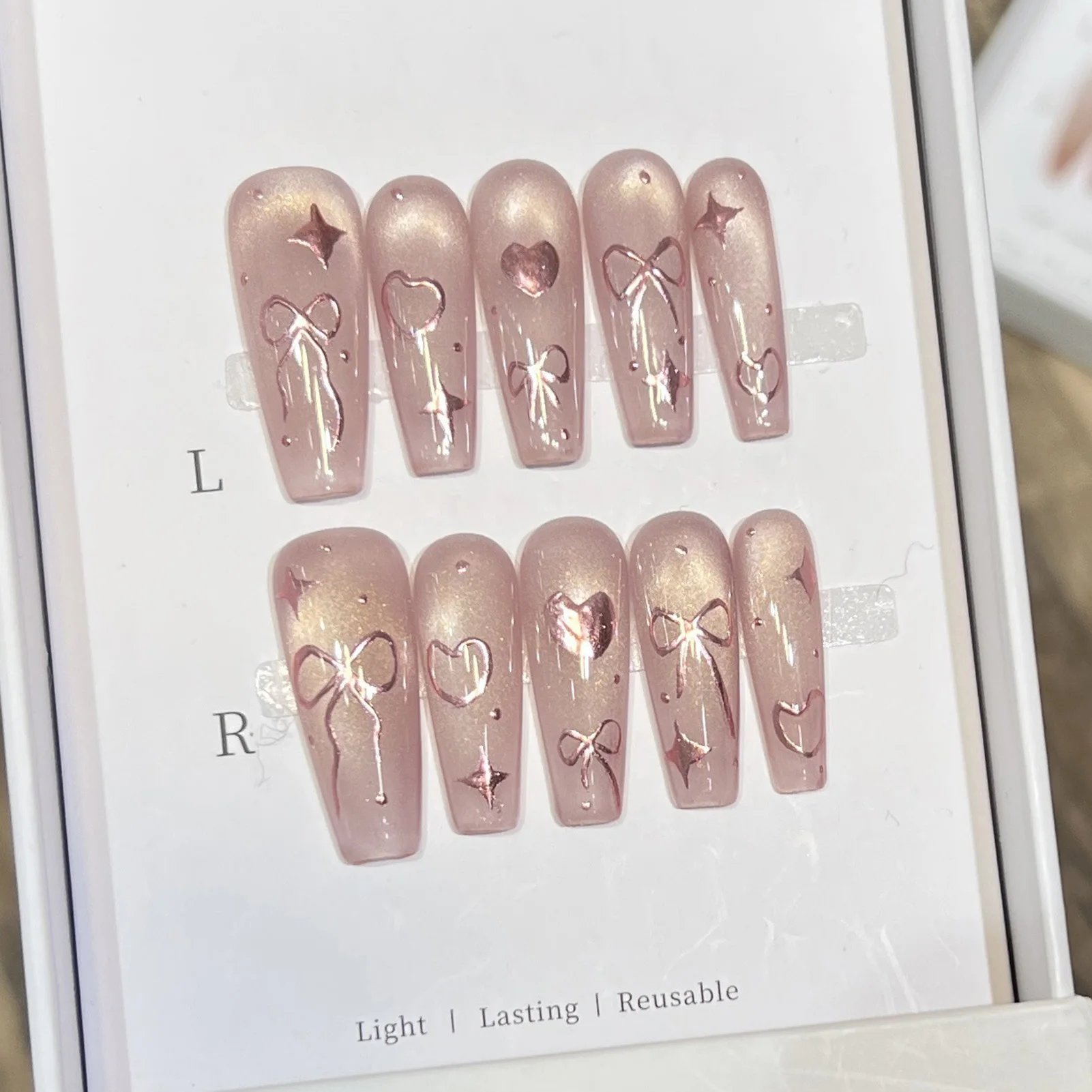 10 Stück lange Leiter, Katzenauge, lila, glänzendes Herz, Schleife, zum Aufdrücken der Nägel, künstliche Nägel mit Schmetterlings-Design für DIY-Nagelkunst