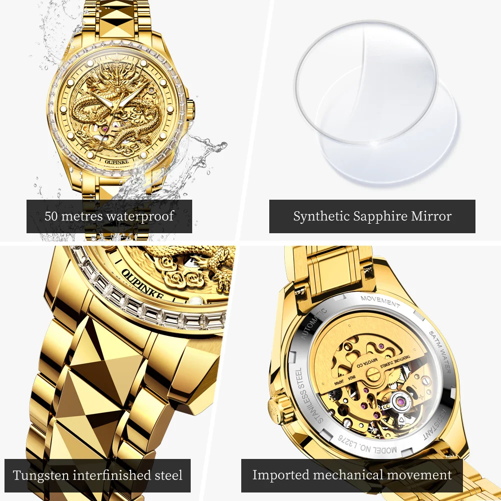 OUPINKE 3276 Luxury Couple Watch Brand Imported Movement Automatic Mechanical Watch Golden Dragon Phoenix Couple Set Gift Watch