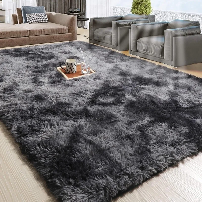 8x10 Area Rugs for Living Room, Fur Black Rug for Bedroom, Fluffy Furry Shag Large Rugs for Girls Boys Dorm Room