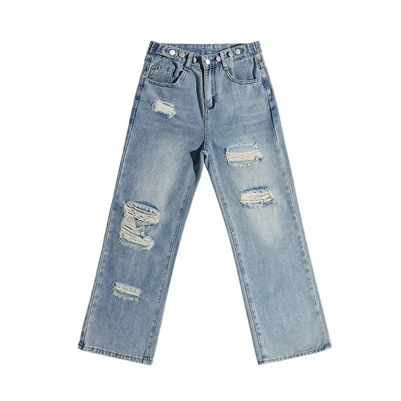 Calça jeans feminina com furo de cintura alta, botão, com zíper, calça reta, monocromática, feminina de perna larga, primavera, outono, senhoras, 2022