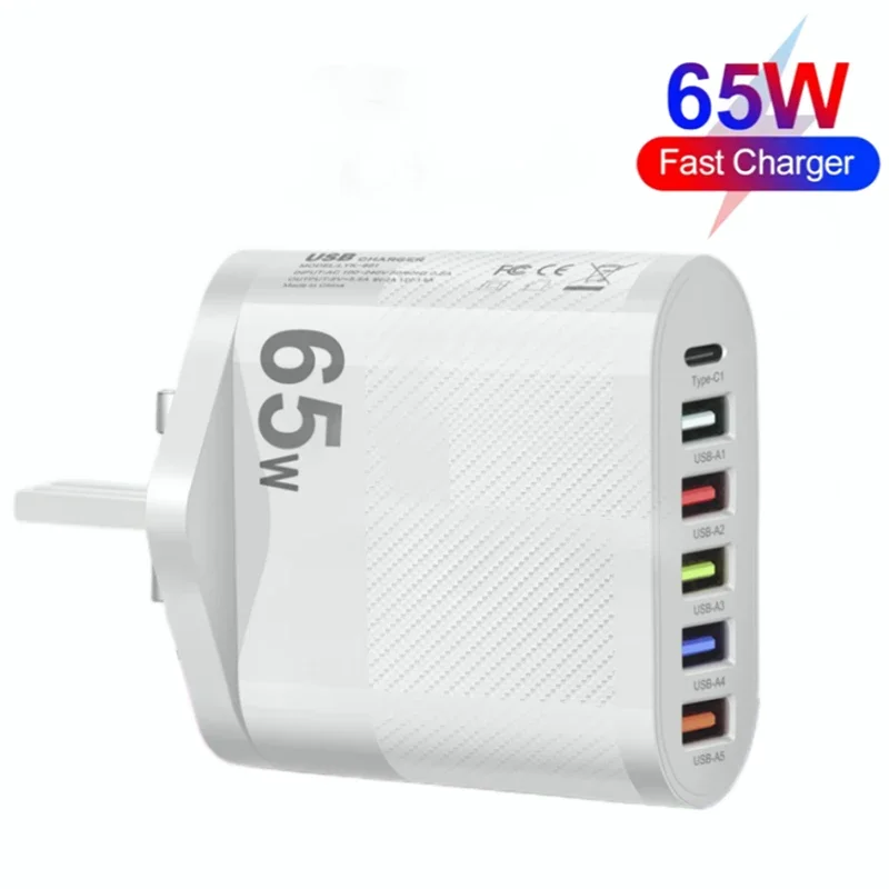 65 واط متعدد المنافذ 5USB + 1 Type-c الهاتف محول الشحن السريع الولايات المتحدة المملكة المتحدة الاتحاد الأوروبي قابس طاقة محول السفر الجدار شاحن