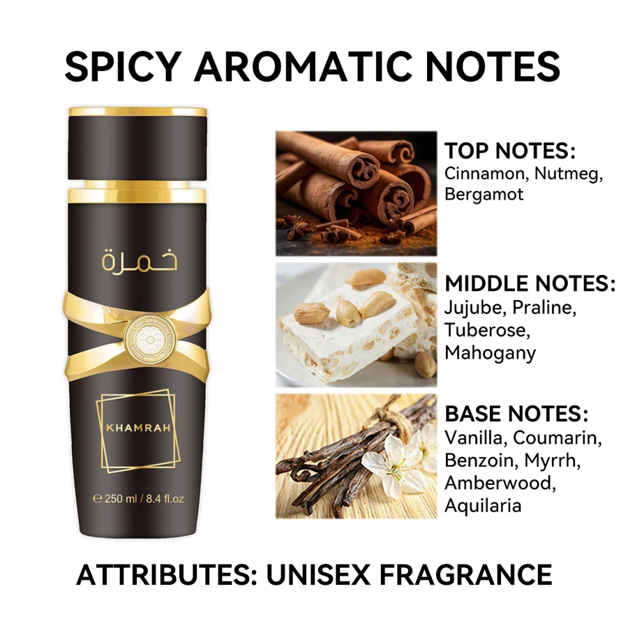 Fragrância de Longa Duração para Unisex, Notas Aromáticas Picantes, Eau de Parfum Spray, Fragrância Árabe Khamren, 250ml, 8.4FL.OZ