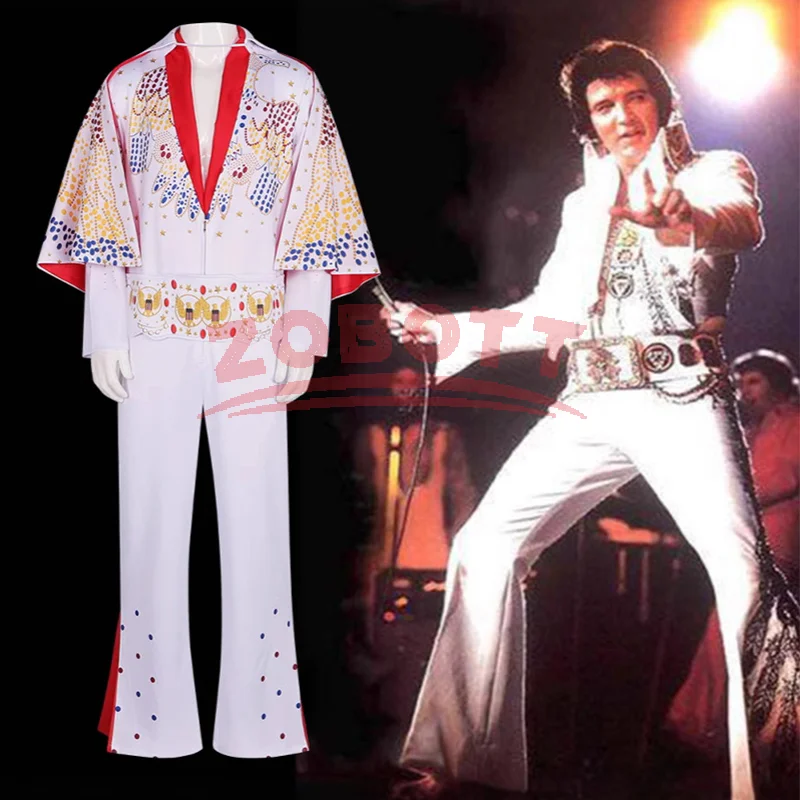 Elvis Cosplay Kostüm Anime Presleleying Rocker Auftritts-Uniform Halloween Karneval Party Outfit-Set für Herren