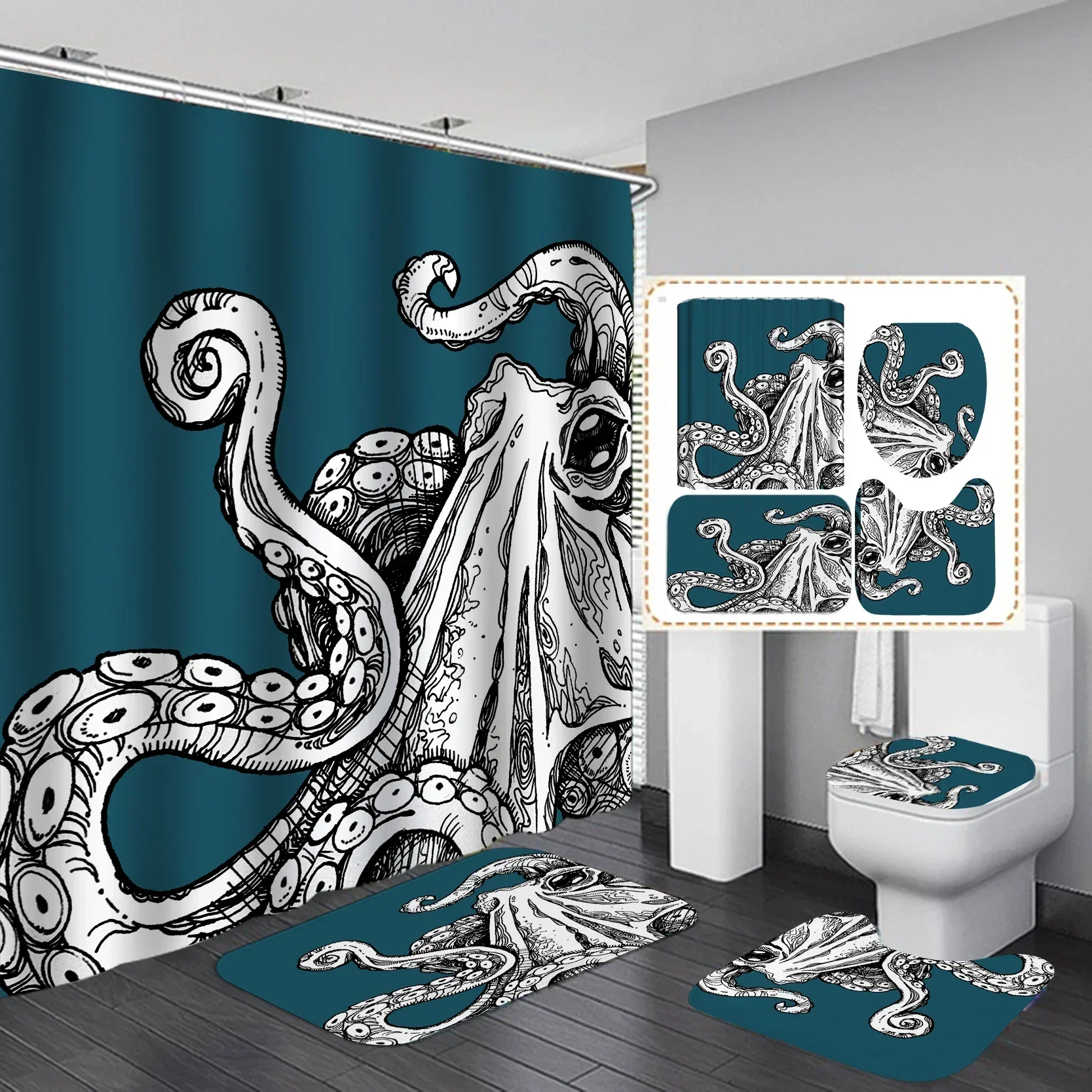 Ocean Monster Octopus Print Shower Curtain Set Waterproof Bathroom   with Rugs Toilet Cover Mat for  Decor