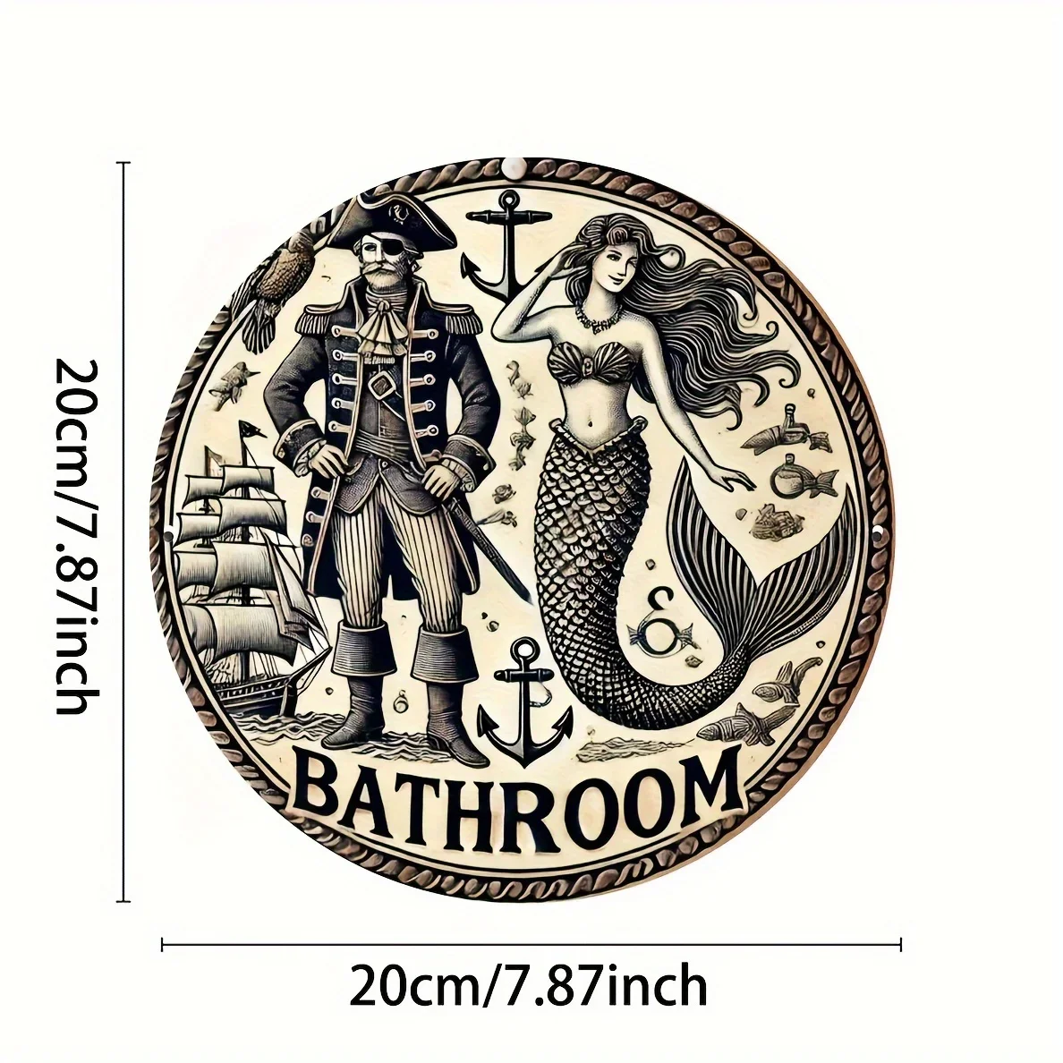 1pc 2D Flat Round Metal Tin Sign 20x20 Inch Vintage Pirate Mermaid Bathroom Wall Plaque Nautical Home Decor