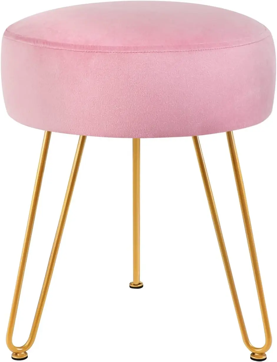 

Velvet Footrest Stool Ottoman Round Modern Upholstered Vanity Footstool Side Table Seat Dressing Chair With 3 Golden Metal