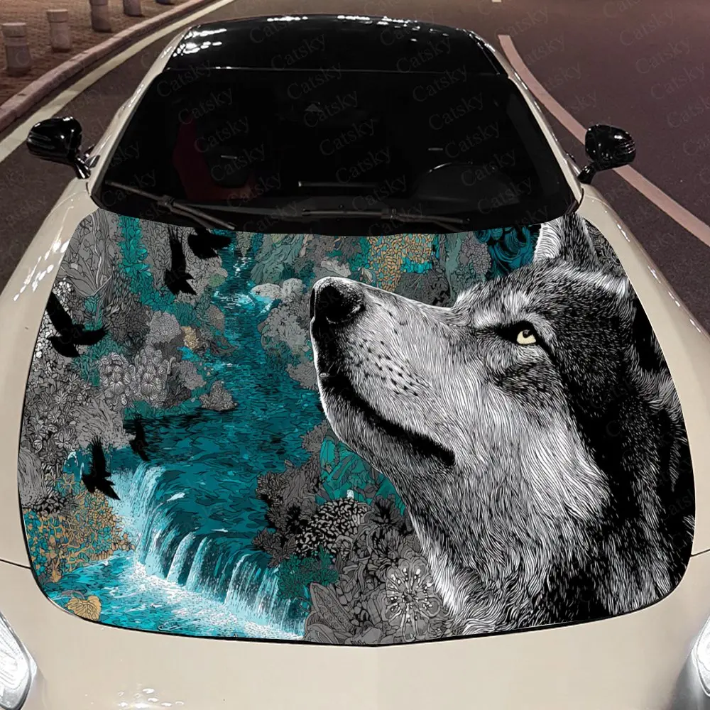 

Majestic Howling Wolf Auto Cover Sticker, Waterproof and Self-adhesive Auto Hood Decal, Auto Vinyl Wraps, Cool Car Exterior Deca