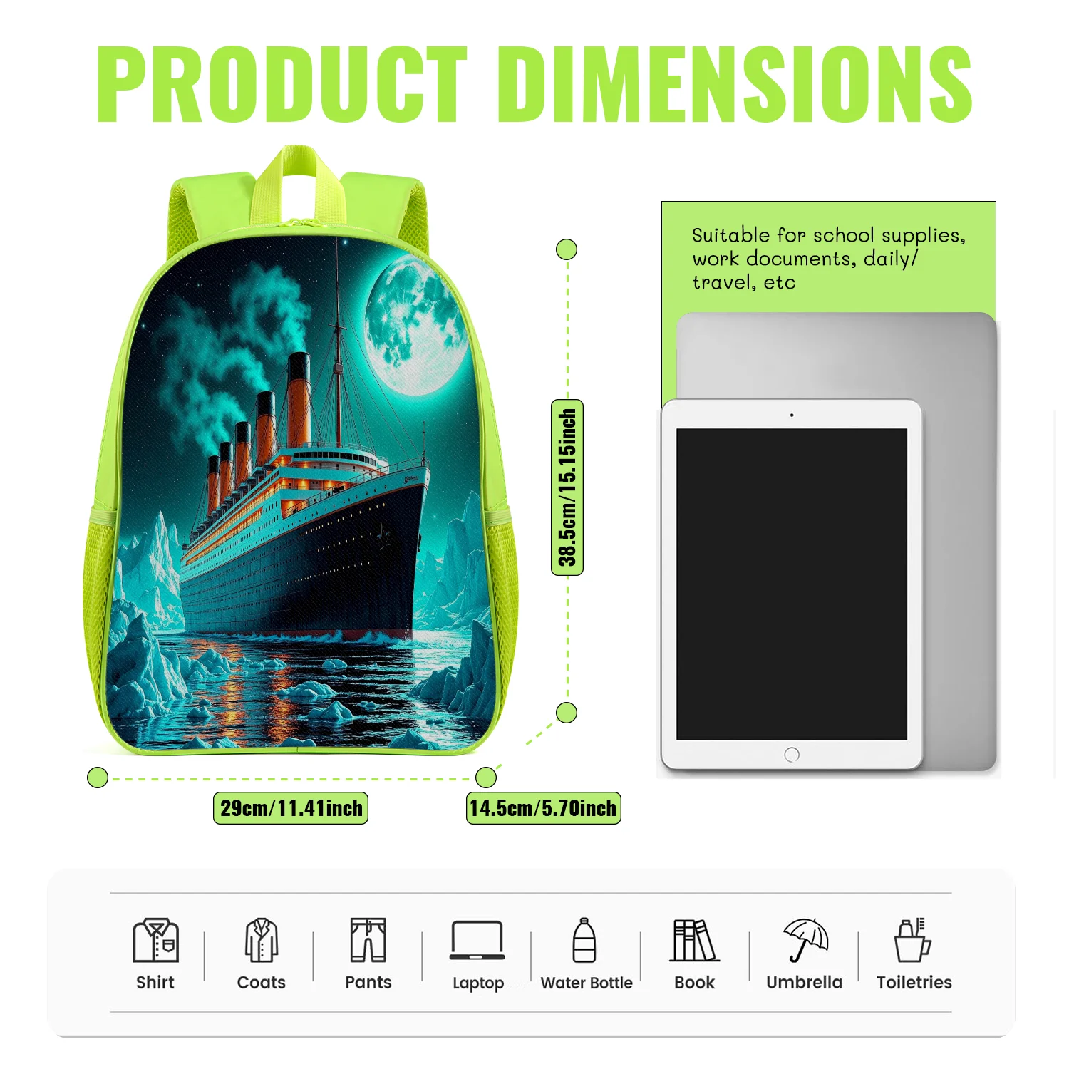 Classic Green Cruise Ship Backpack Lightweight School Bookbag with Moon Ocean Night Print Adjustable Padded Straps