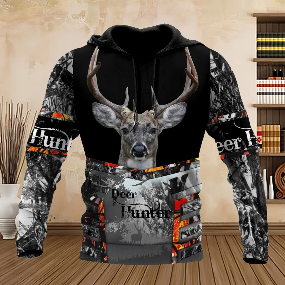 

New in Sweatshirts Street Deer Graphic Long Sleeves Zipper Hoodie Tops Autumn Comfortable Kangaroo Pocket Oversized Zipup Hoodie