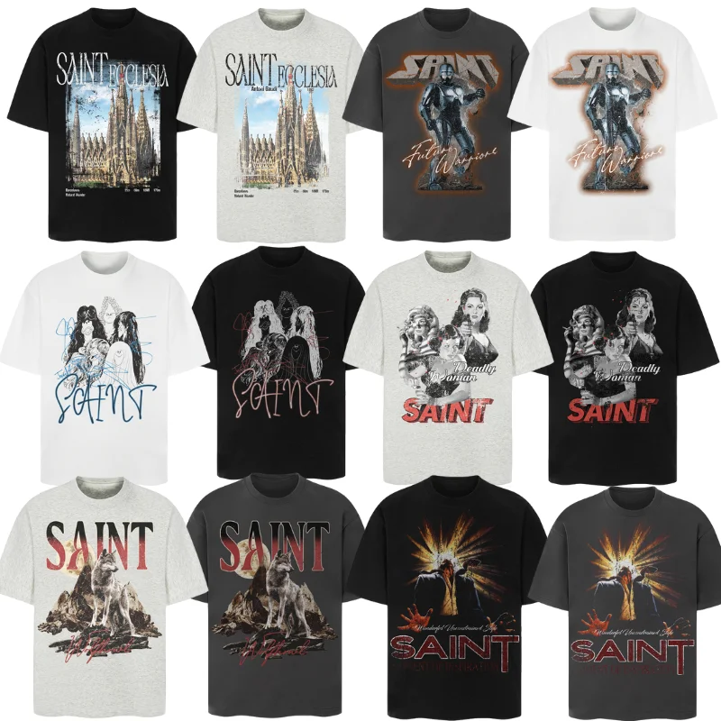 SAINT Letter-printed LOGO American High Street Loose Men's Women's Short Sleeve Couple T-shirt Summer