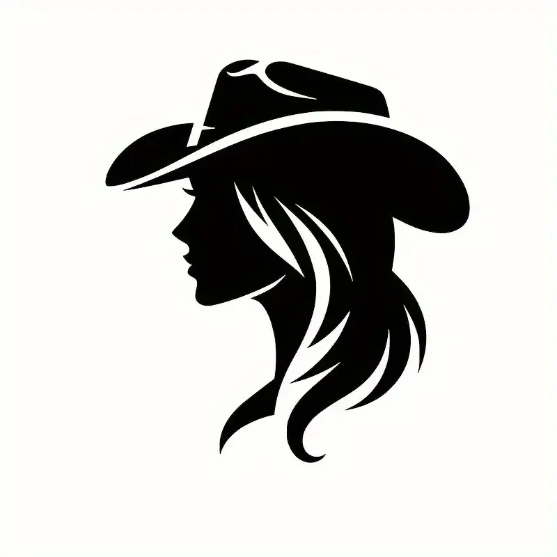 2D Flat, Western Cowgirl Vinyl Decal - Durable Self-Adhesive 2D Car Sticker with Black Silhouette, Flowing Hair & Cowboy Hat Des