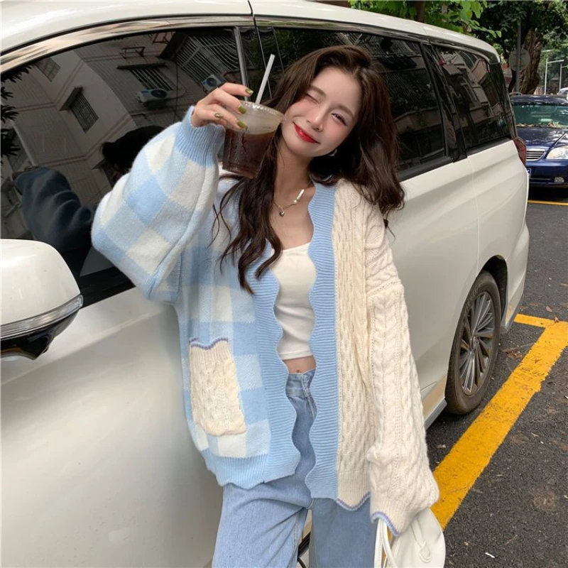 Sweet Patchwork Cardigans for Women Fashion Sweaters Aesthetic Autumn Girlish Coat Loose Chic Knitted Designed Tender Feminine