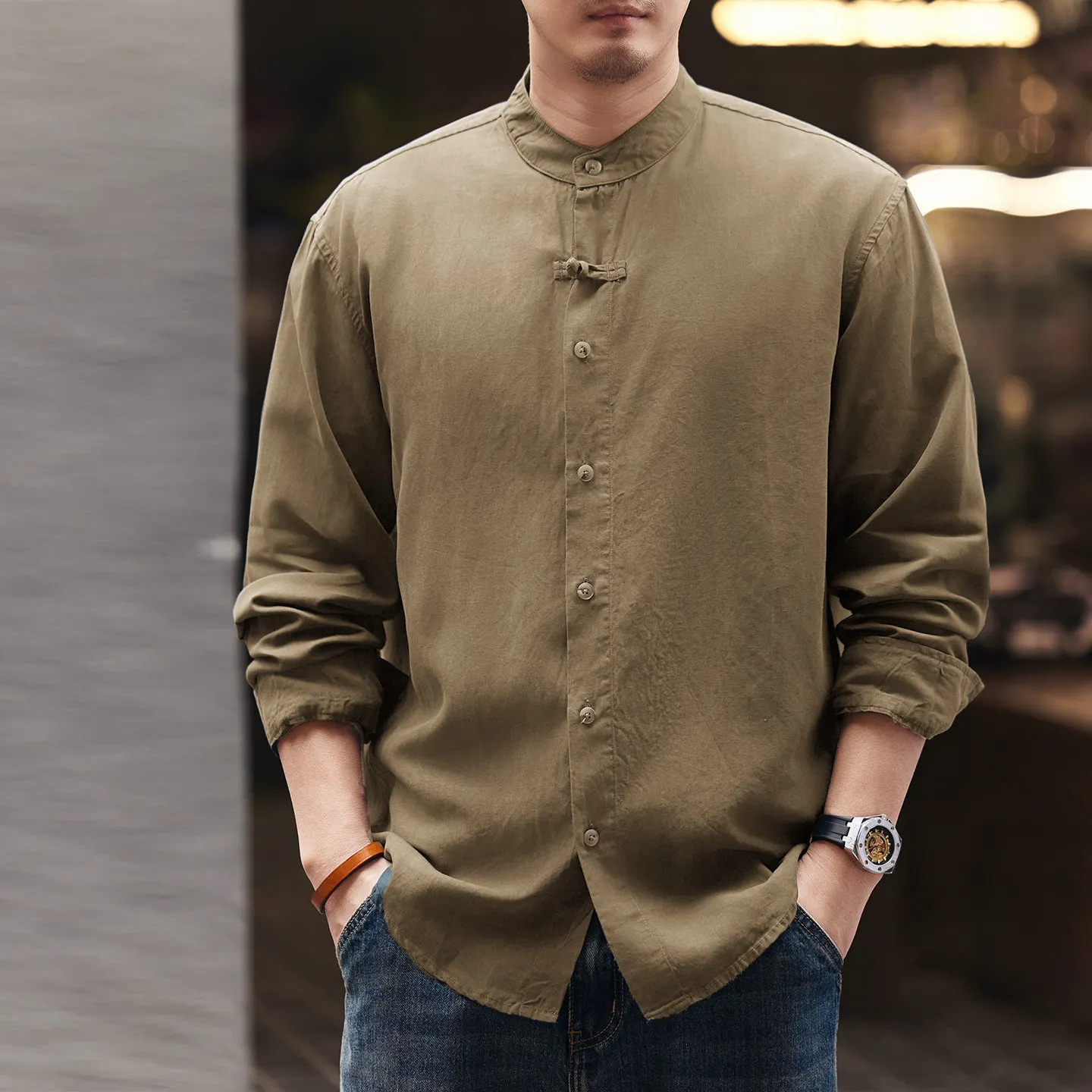 Men's Spring-Autumn New Model High-end Retro Chinese-style V-neck Shirt Jacket Trend Brand Loose Casual Buttoned Linen Shirt