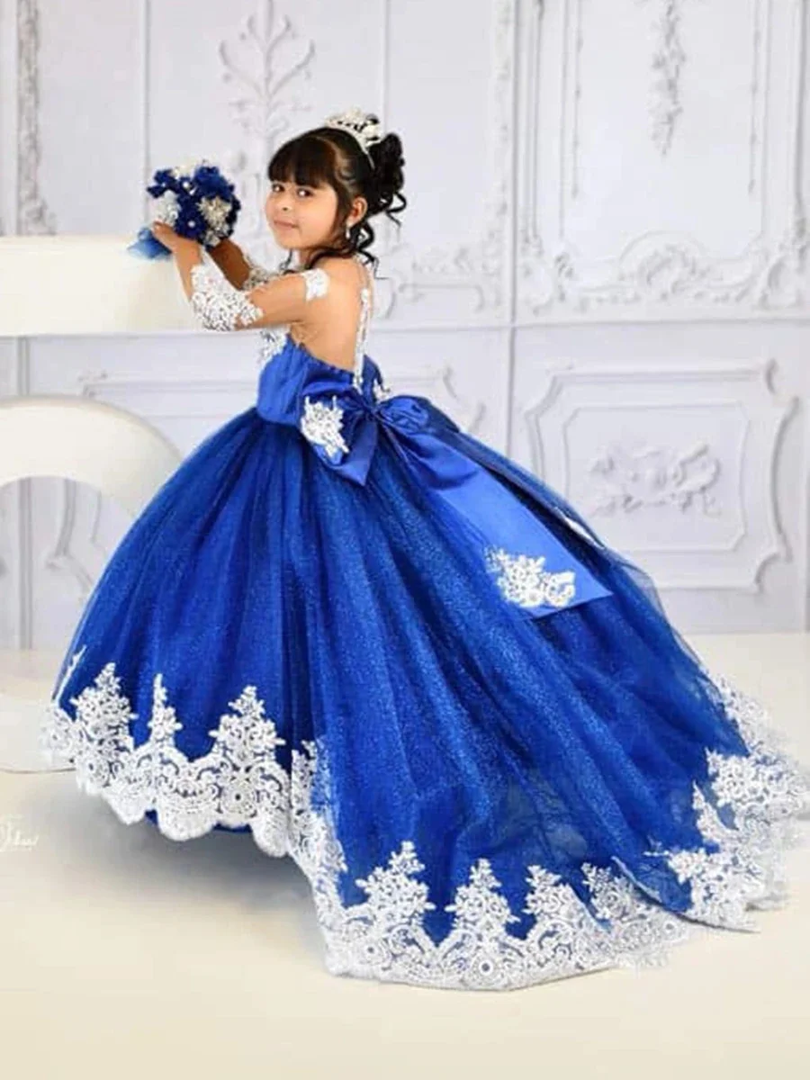 Robe de Rhprincesse bleue pour filles, olympiques de Rhde première communion, nœud de fleurs, manches longues, appliques en dentelle plissée