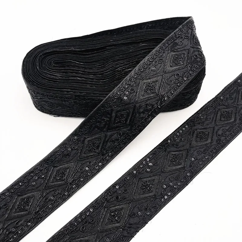 1 Yards Sequin Black Fabric Ribbon Lace Trims Floral Decorative Embroidered for Handmade Supplies Garments Headdress Sewing