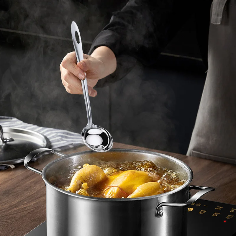 

304 Stainless Steel Thickened Food Grade Soup Spoon & Colander Set - Long Handle Kitchen Utensils for Porridge Noodle Stew Broth