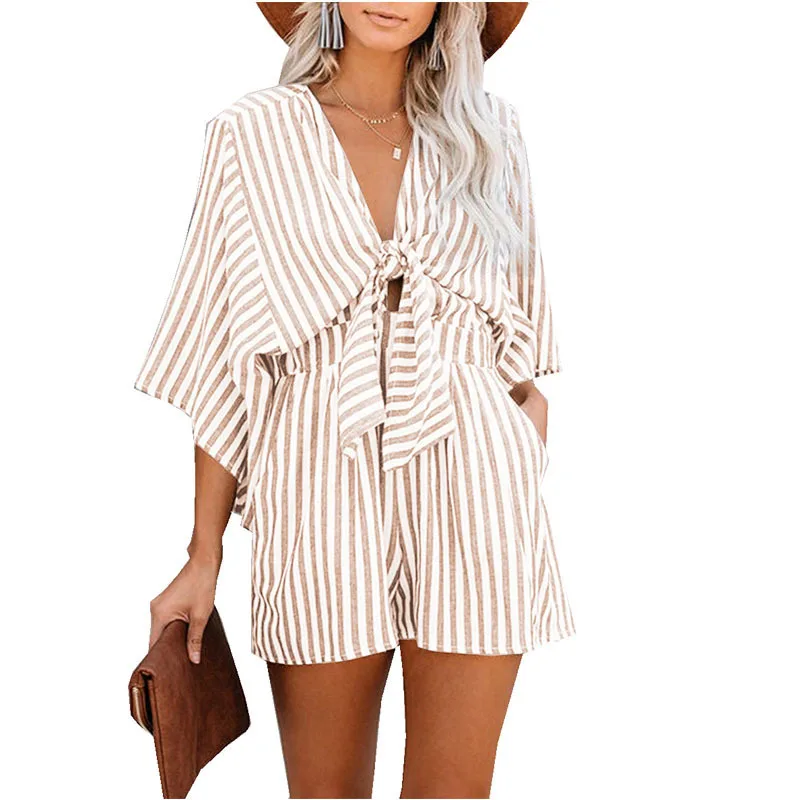 2023 Summer Waist Slim Striped Jumpsuit Women's Deep V Trumpet Sleeve Three-pointer Pants Jumpsuits for Women