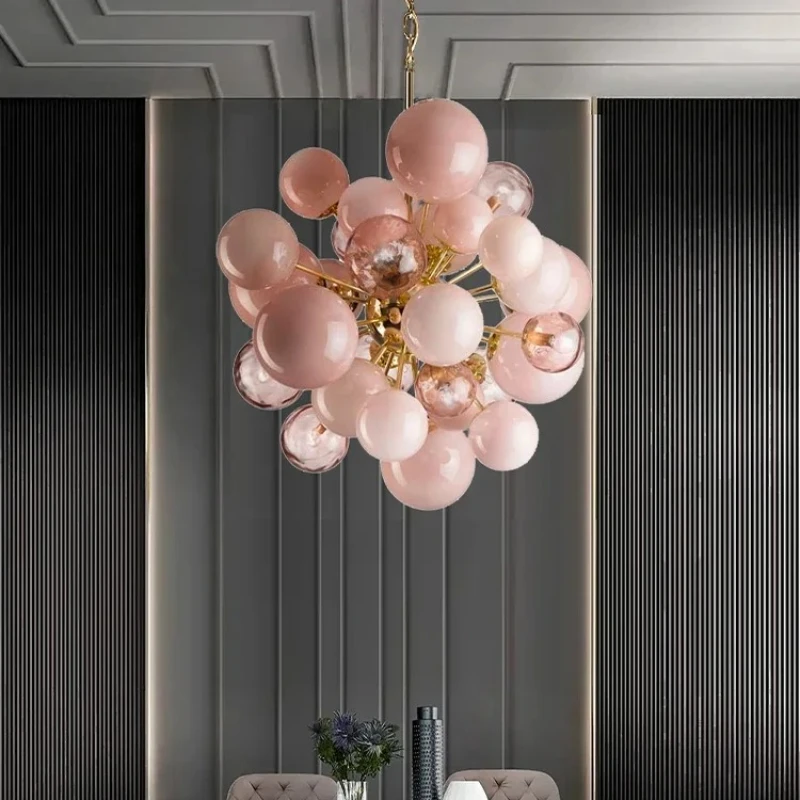 

Art Deco Pink Bubbles Glass LED Chandelier Modern Designer Ceiling Light for Lobby Trendy Home Pendant Lamp