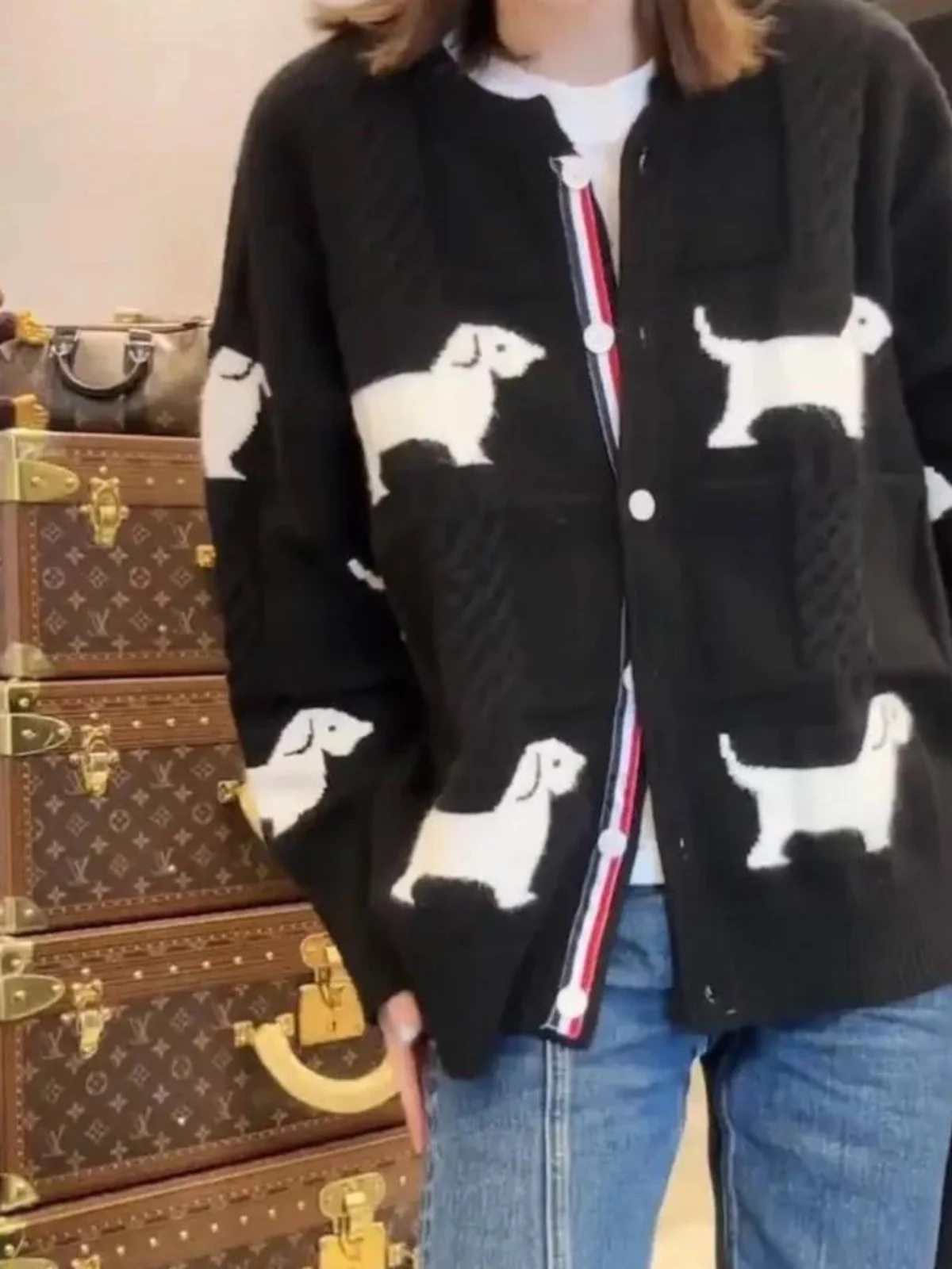 

Ladies' Loose Lazy Sle Knitted Sweater Coat Autumn Winter Faion Small Dog Print Anti-Aging Cardigan Top Warmth Heating