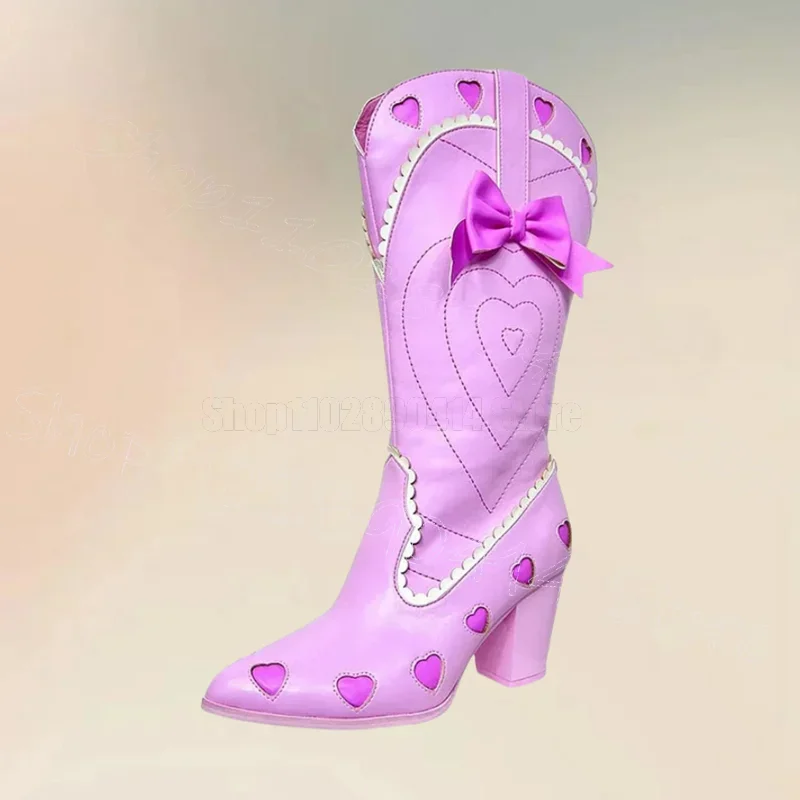 

Purple Bow Knot Heart Sewing Design Boots Back Zipper Women Shoes Chunky High Heels Pointed Toe Party 2025 Zapatos Para Mujere