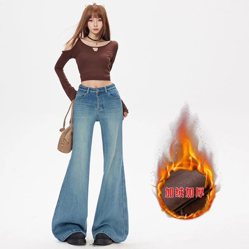 ZHISILAO Nieuwe Dikke Bont Flare Jeans Vrouwen Vintage Dikke Warme Slim Fit Volledige Lengte Denim Broek Winter 2025, streetwear