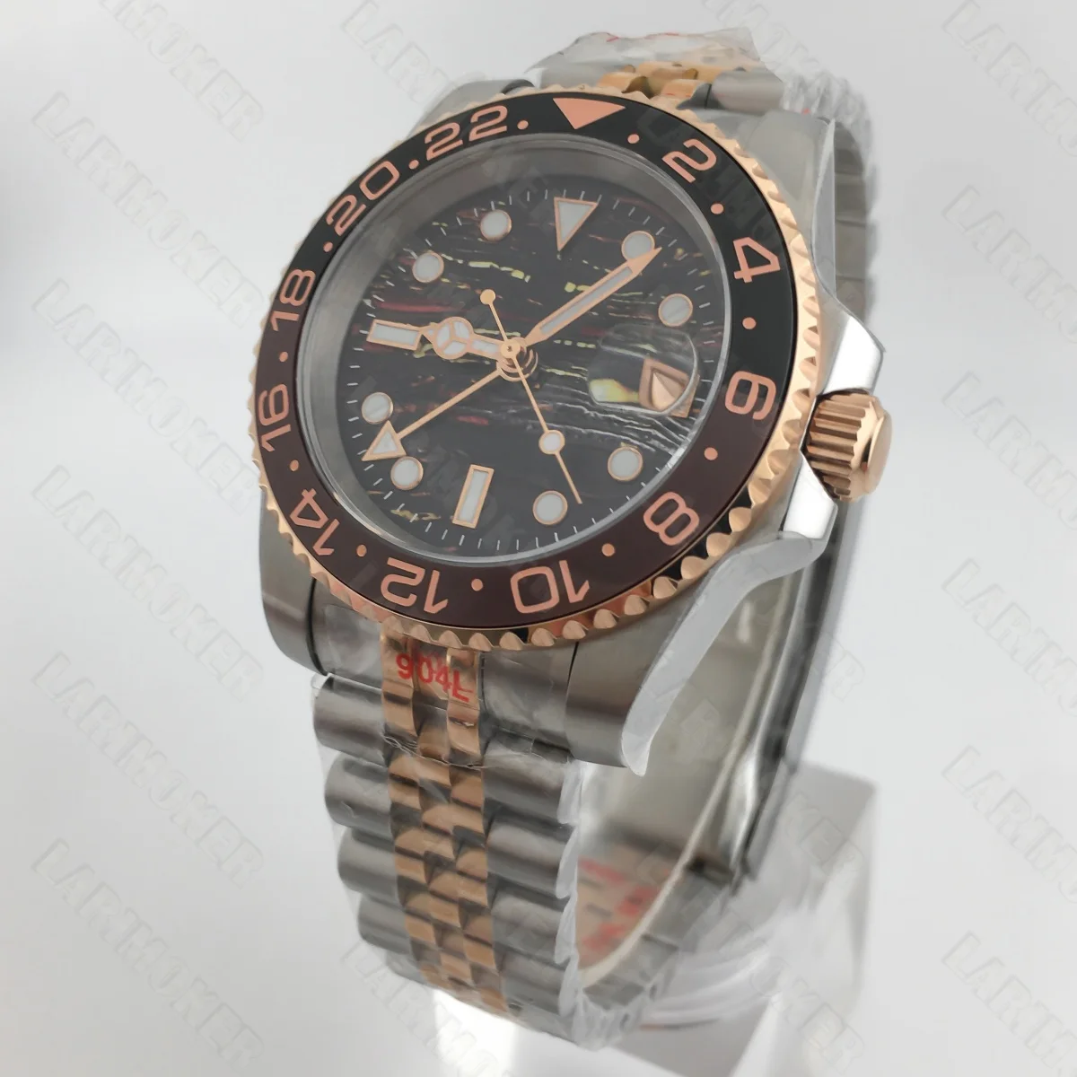 Two-tone rose gold 40mm NH34 mechanical men's watch GMT Tiger's Eye date window sapphire glass green luminous ceramic bezel