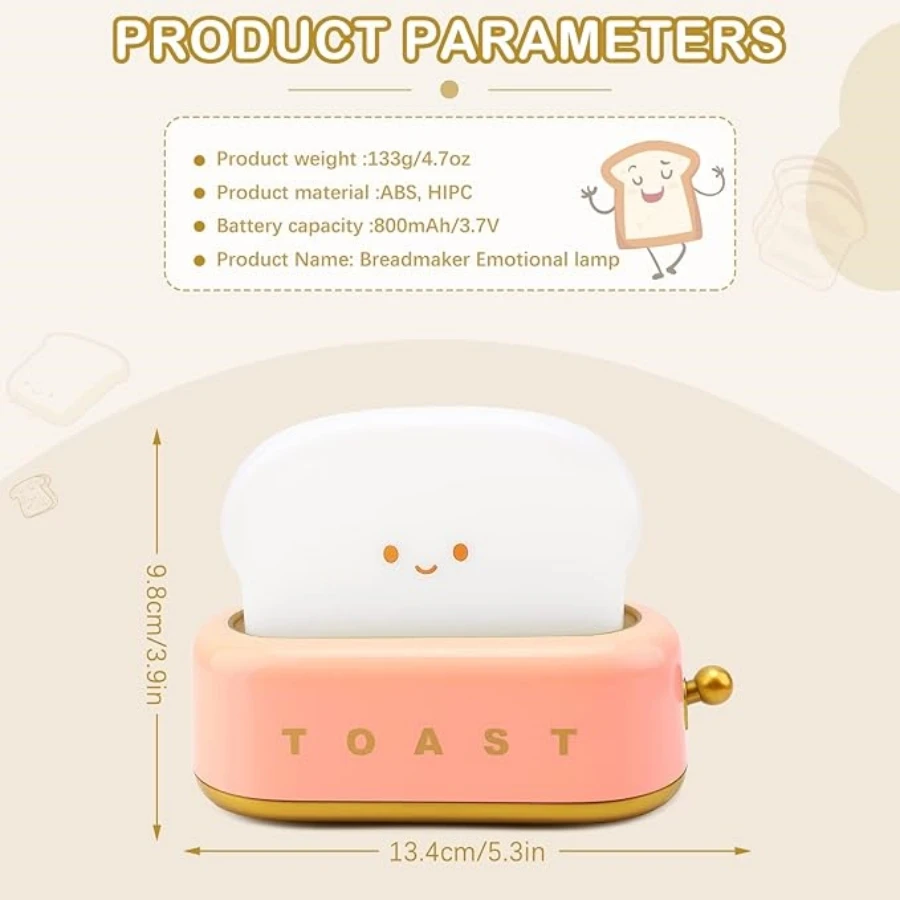 Toaster Night Light Lamp Rechargeable Small Lamps with Smile Face Cute Bread Shape for Bedroom