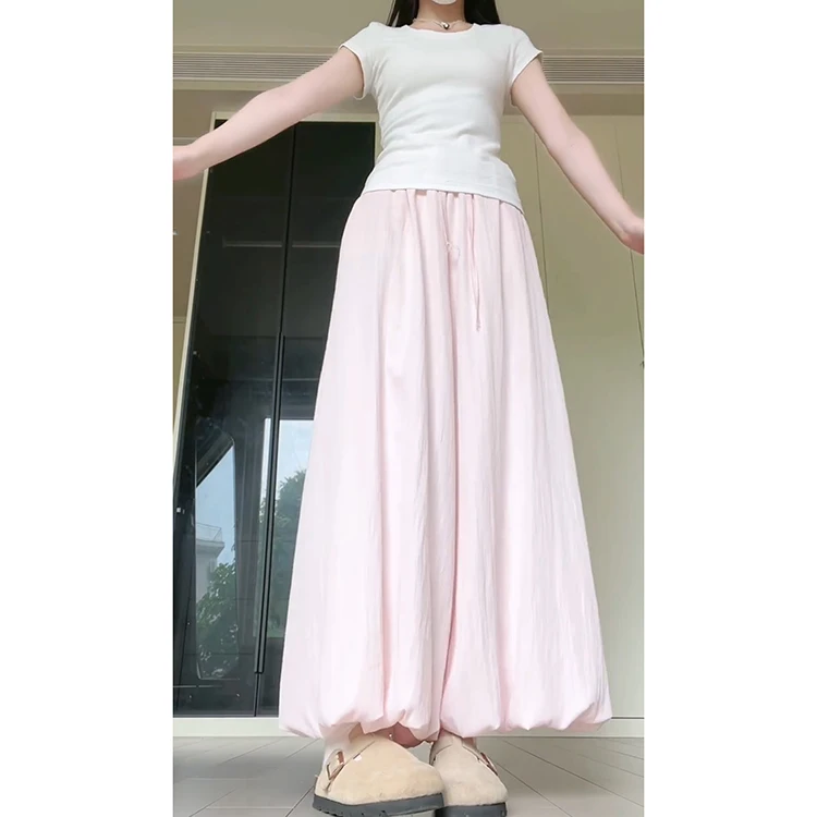 กางเกงขายาวเอวสูงทรงขาบานสีชมพูฟูฟ่องสำหรับผู้หญิง สไตล์ลำลองใส่สบายช่วงฤดูร้อน ช่วยให้ดูผอมลง