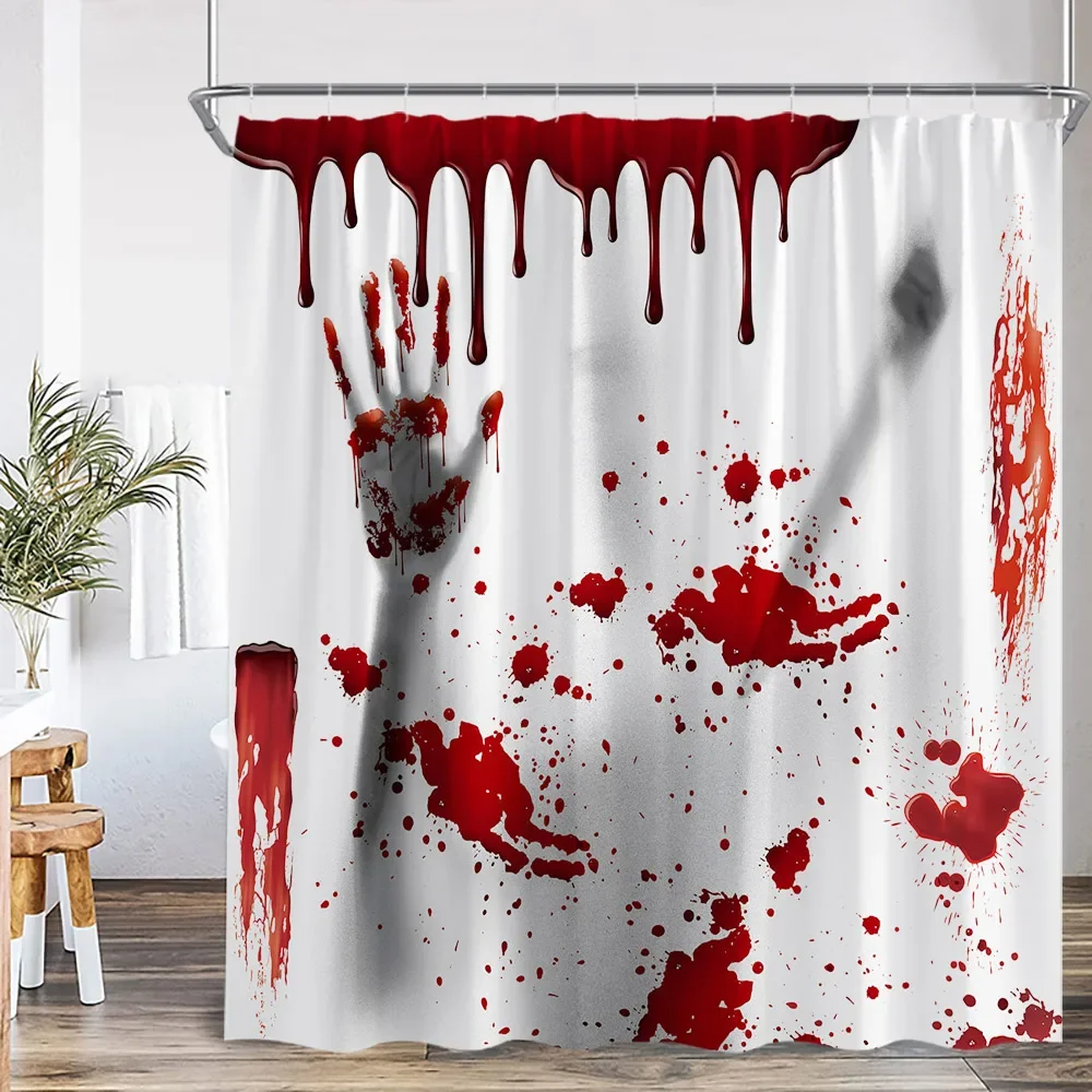 Bloody Handprints Halloween Dripping Blood Help Me Shower Curtain Horror Bathroom Decorations Horrid Bath Curtain with Hooks