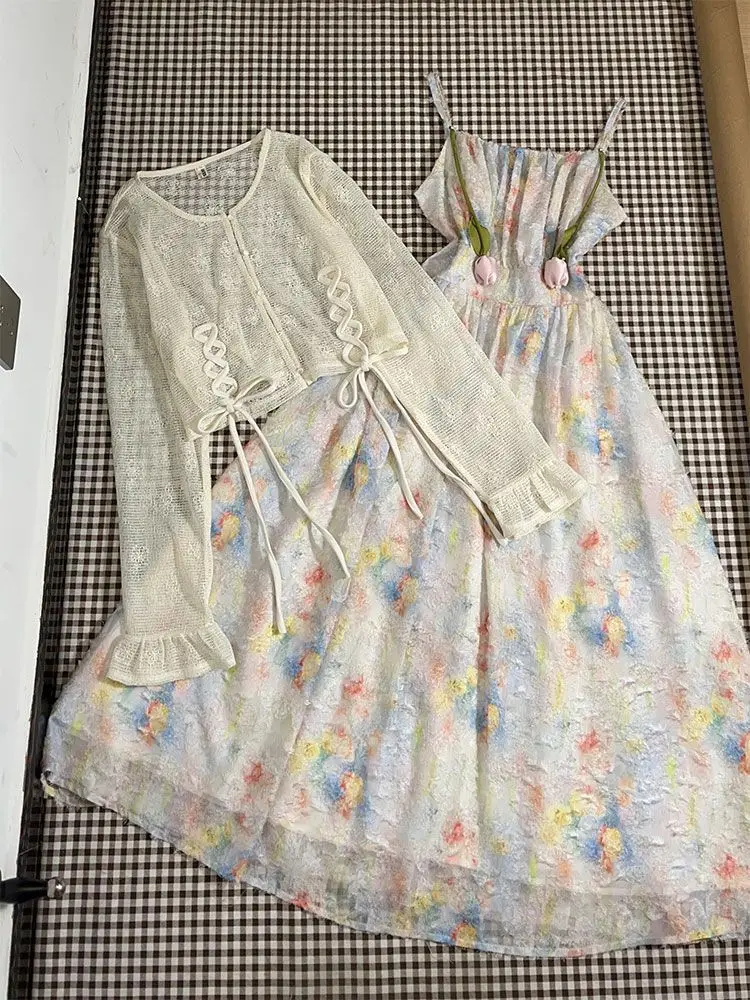 

Summer French Elegant Sweet Dopamine Outfits Chic Floral Dress + Loose Blouses New Street Fashion Slim Vintage 2 Piece Set 2025