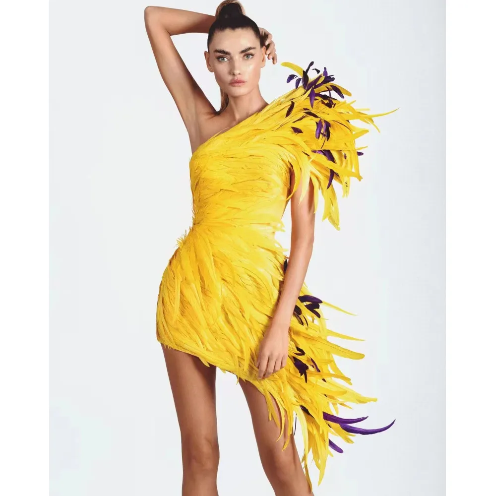 Women Luxury Yellow Feather Mini Short Dress One Shoulder Celebrity Evening Party Dresses Night Bar Singer Dancer Stage Costume