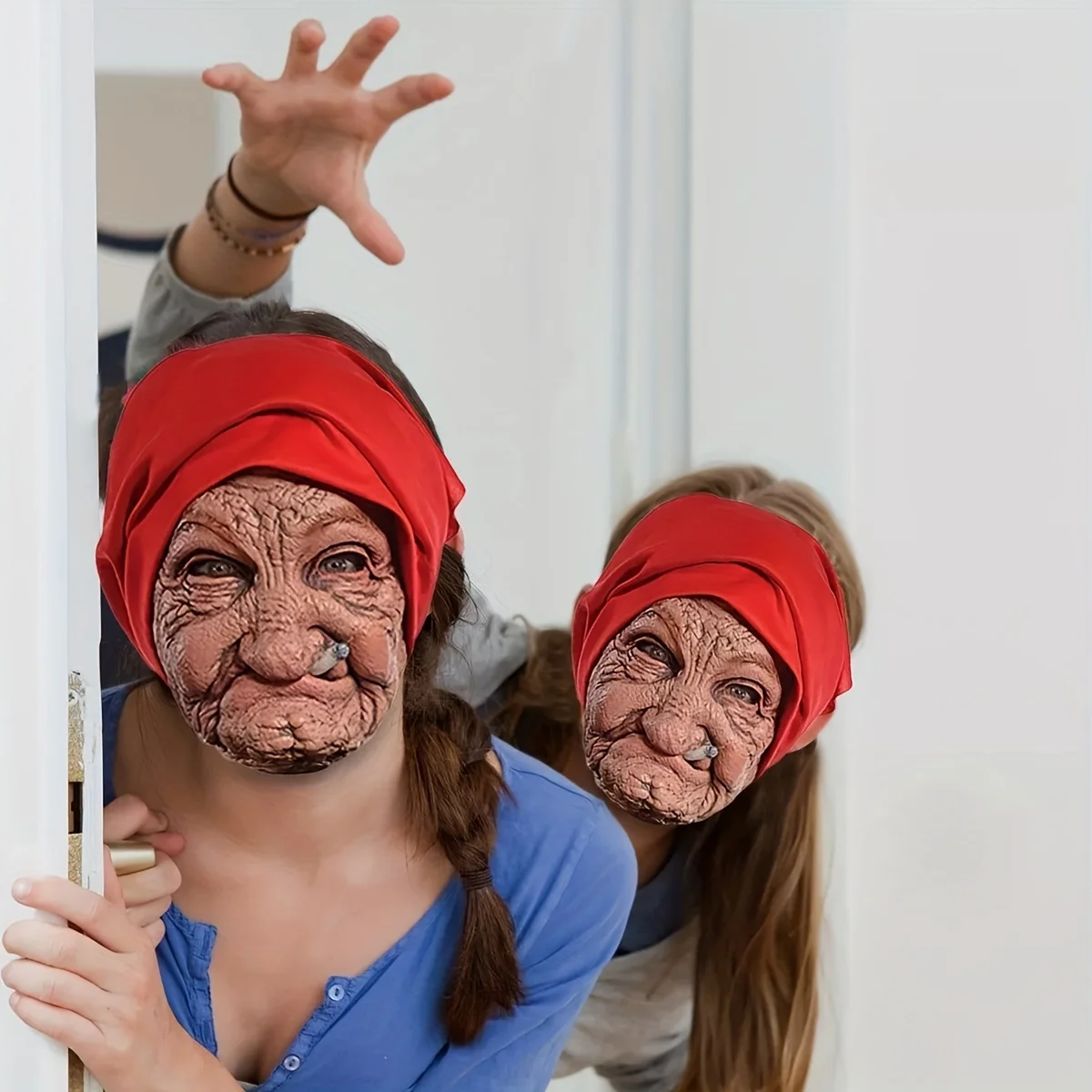 1-Pack Latex Scary Old Lady Mask, with Realistic Red Headscarf, High Detail, Ideal for Halloween Cosplay & Gifting - view 3