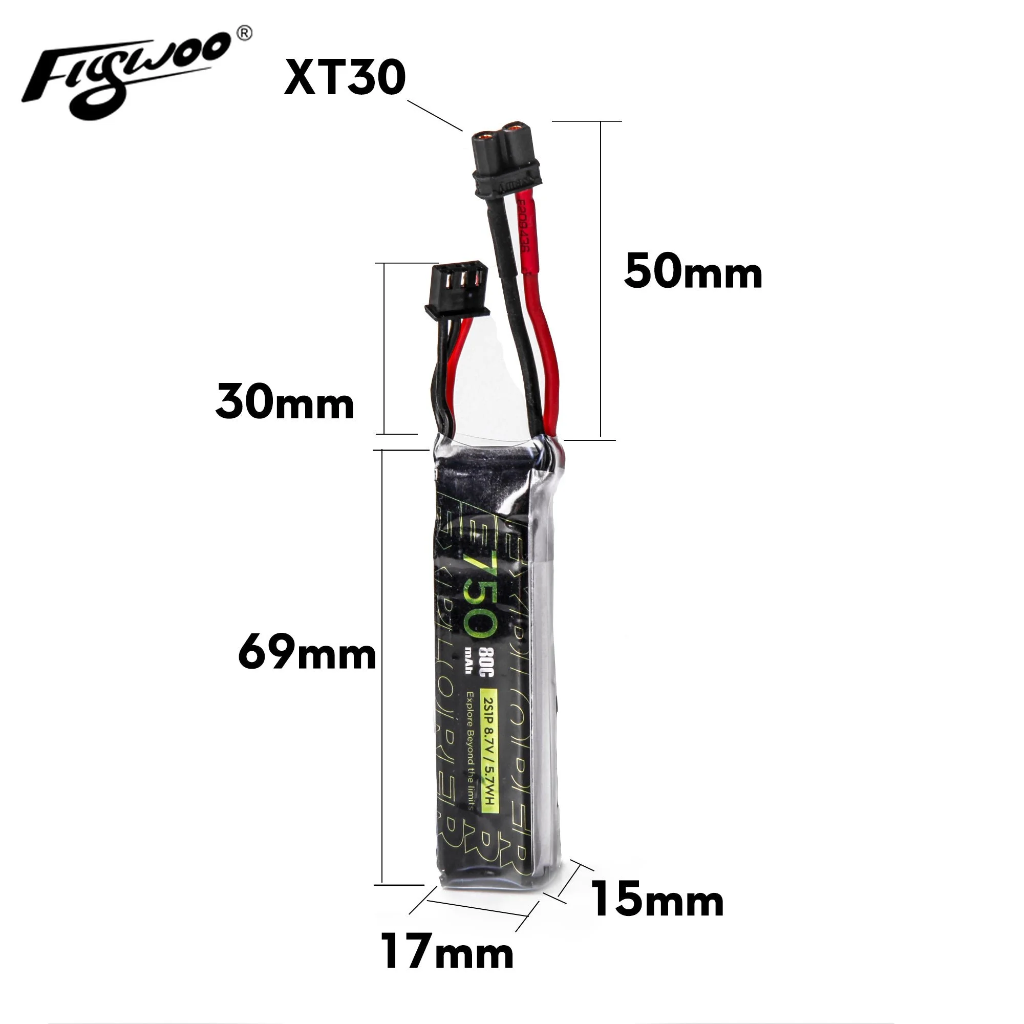 FLYWOO 2Pcs Explorer 750mAh HV 2S 80C Lipo Battery For Tiny Quad XT30