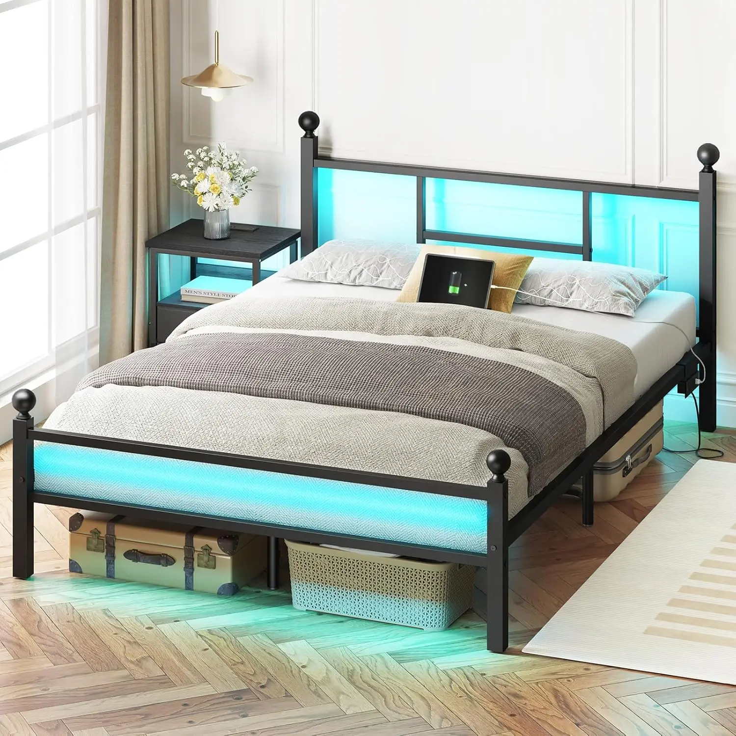 

Full Size Bed Frame with Charging Station, Metal Bed Frame with Port and Outlet
