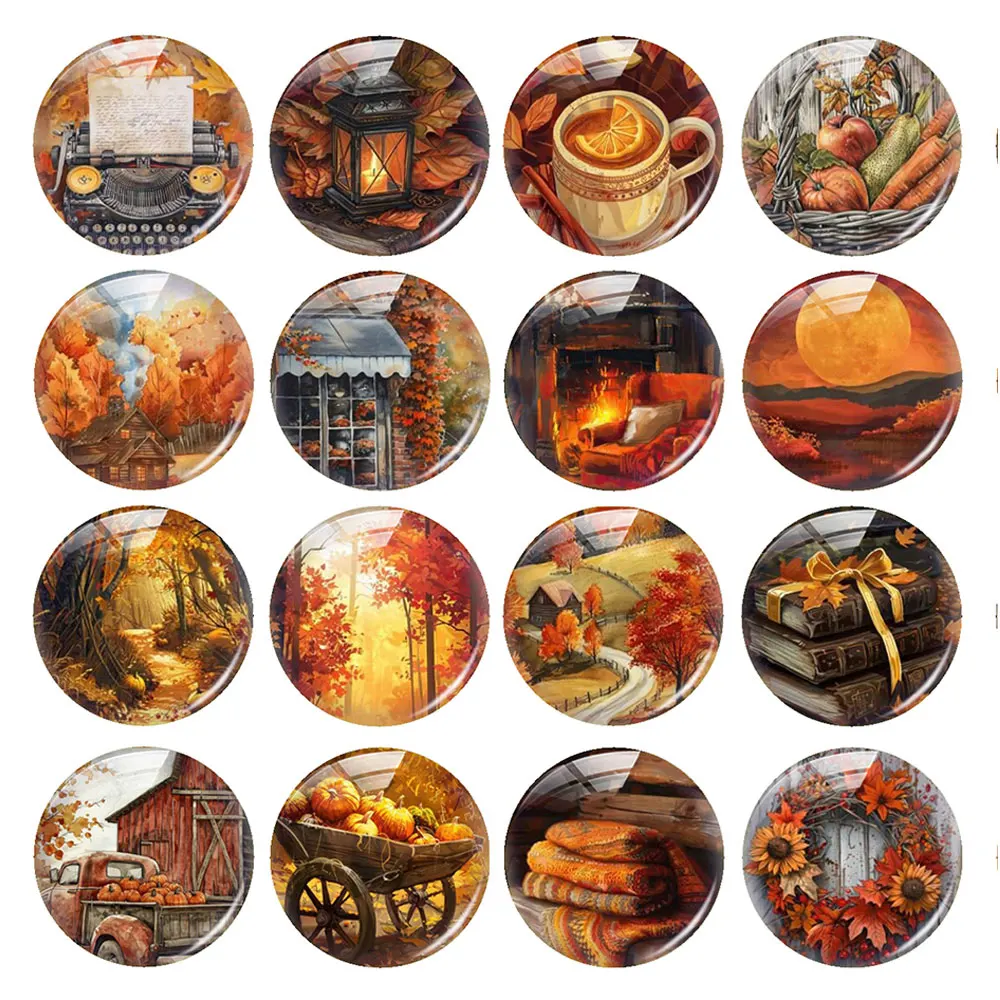 Random Mixed Round/Oval/Square Warm Autumn Rustic Vintage Fall Photo Glass Cabochon Flatback Demo Cameo For Diy Jewelry Making