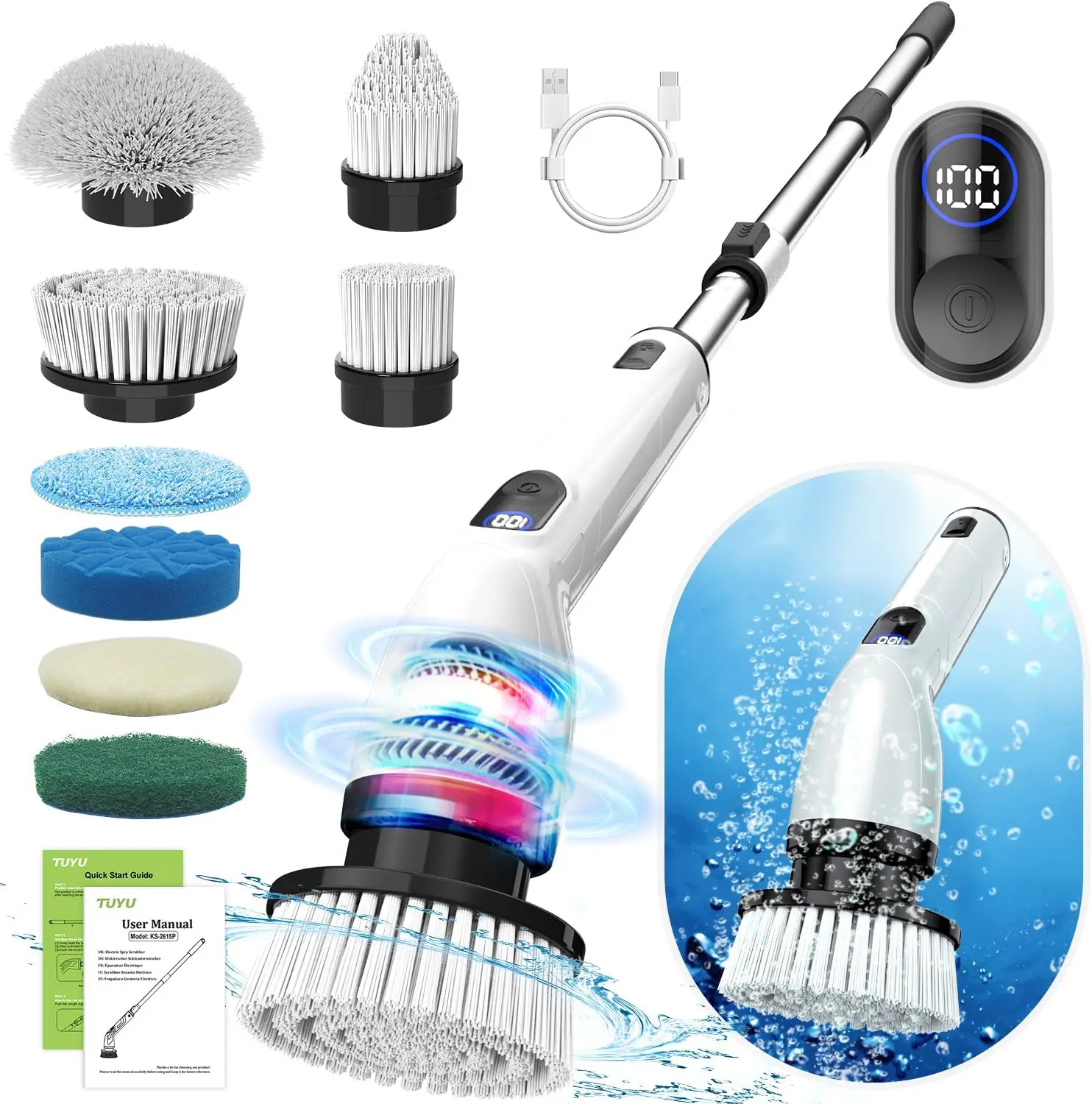 

Electric Spin Scrubber, Waterproof Cordless Cleaner with LCD Display, 8 Heads & Adjustable Handle for Bathroom