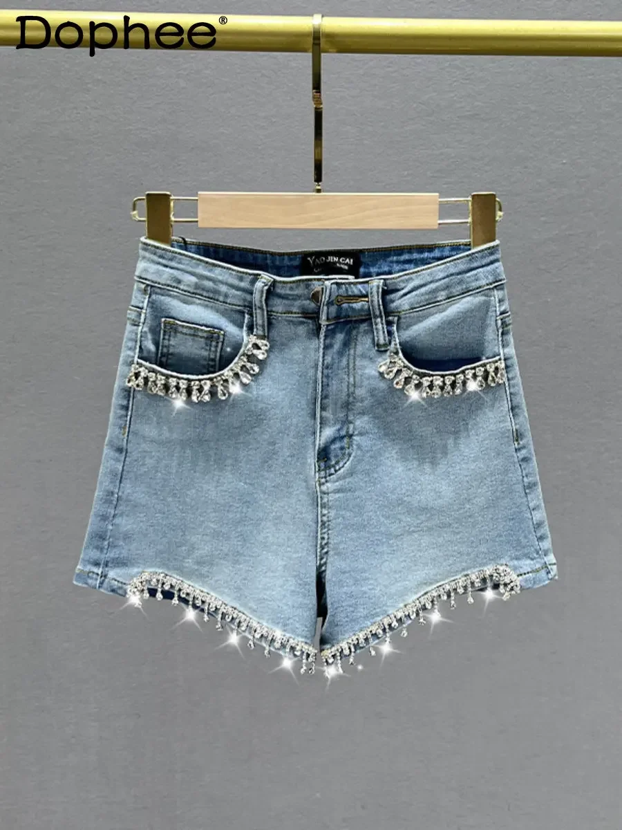 

Exquisite Rhinestone Blue Denim Shorts Women 2023 Summer New Elastic High Waist Jeans Shorts Elastic Slim Fit Slimming Hot Pants