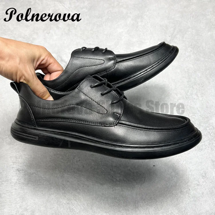

Black Leather Casual Shoes Men's Stylish Thick Sole Derby Shoes Round Toe Lace-Up Soft Leather Soft Sole Handmade Men Shoes