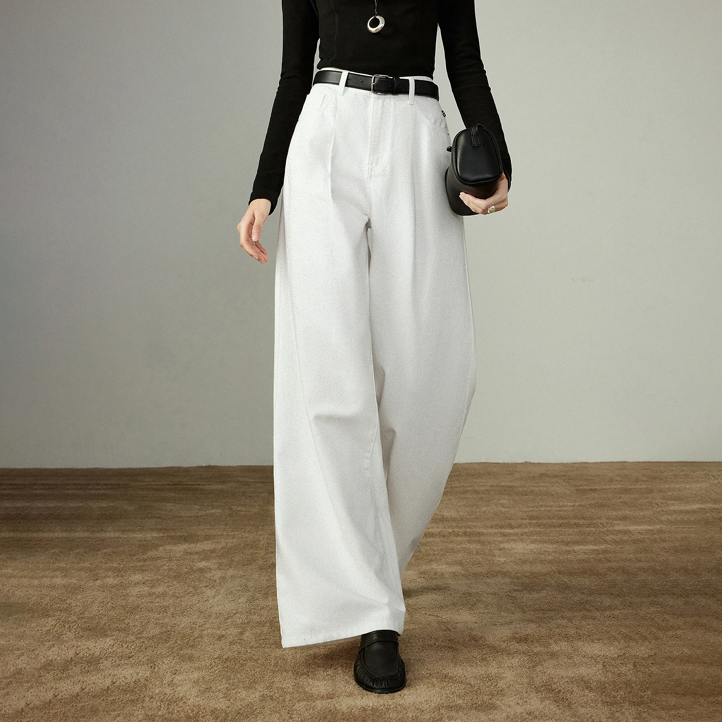 TOYOUTH Women Jeans 2025 Winter NewAsymmetric High-Waisted Wide-Leg White Unbleached Pure Cotton Jeans