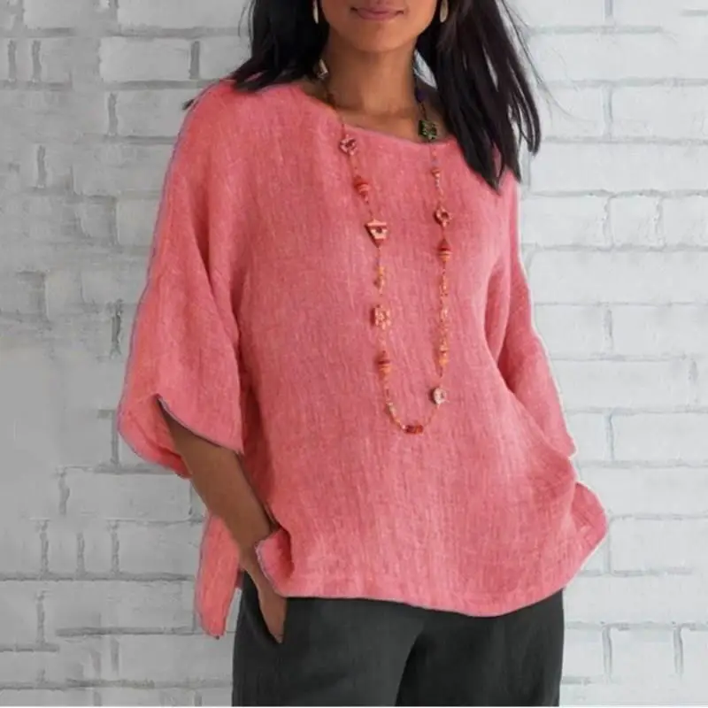 

Women's Seven Quarter Sved Cotton Linen irt Top round Ne ort Sve Pure Color Spring Faion Ladies' Premium irt