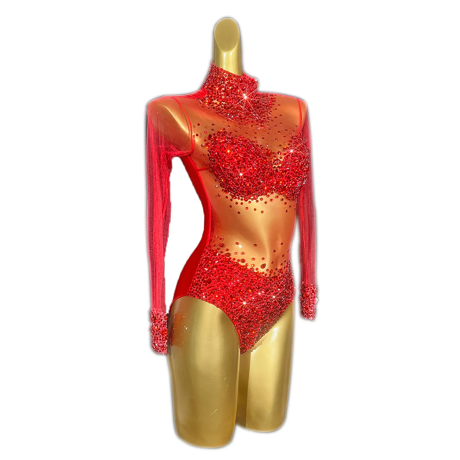 Sparkly Rhinestones Bodysuit Sexy Mesh Dance Costume Performance Leotard Women Nightclub Outfit Dancer Stage Wear Wangshazuan